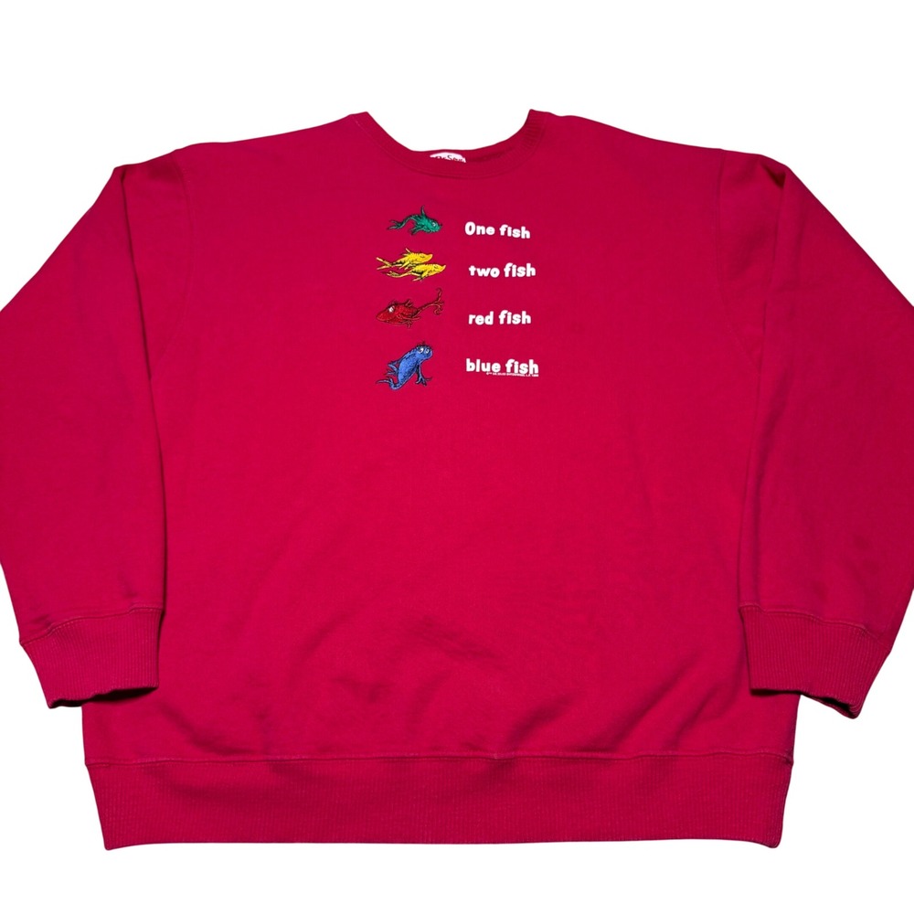 Vintage Dr Suess Women XL One Fish Two Fish Pullover Sweatshirt Embroidery Red